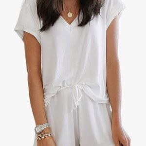White V-Neck Short Sleeve Top & Ruffle Shorts